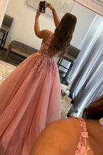 Load image into Gallery viewer, Princess A Line V Neck Pink Long Prom Dress with Appliques