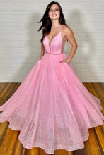 Load image into Gallery viewer, Beautiful A Line Deep V Neck Pink Long Prom Dress with Beading
