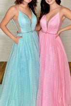 Load image into Gallery viewer, Beautiful A Line Deep V Neck Pink Long Prom Dress with Beading