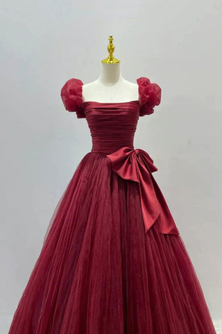 Princess A Line Burgundy Long Prom Dress with Short Sleeves