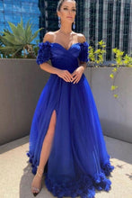 Load image into Gallery viewer, A Line Off the Shoulder Royal Blue Prom Dress with Slit
