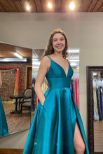 Load image into Gallery viewer, Classic A Line V Neck Green Long Prom Dress with Slit
