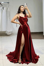 Load image into Gallery viewer, Simple A Line Spaghetti Straps Burgundy Prom Dress with Slit