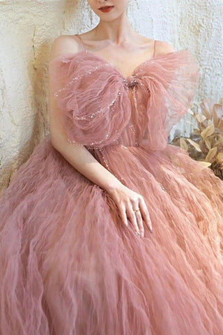 Beautiful A Line Spaghetti Straps Blush Long Formal Dress with Bowknot
