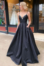 Load image into Gallery viewer, A Line Spaghetti Straps Black Prom Dress with Beading