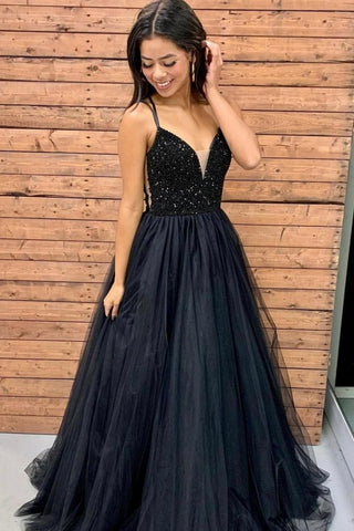 Classic A Line Spaghetti Straps Black Long Prom Dress with Beading