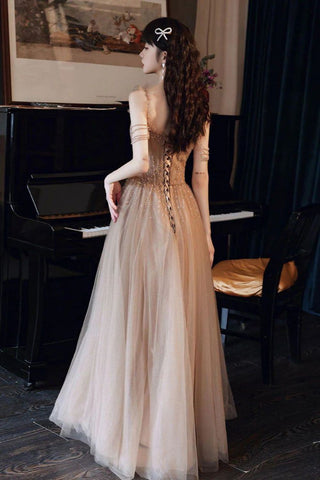 Elegant A Line Off the Shoulder Champagne Floor Length Formal Dress