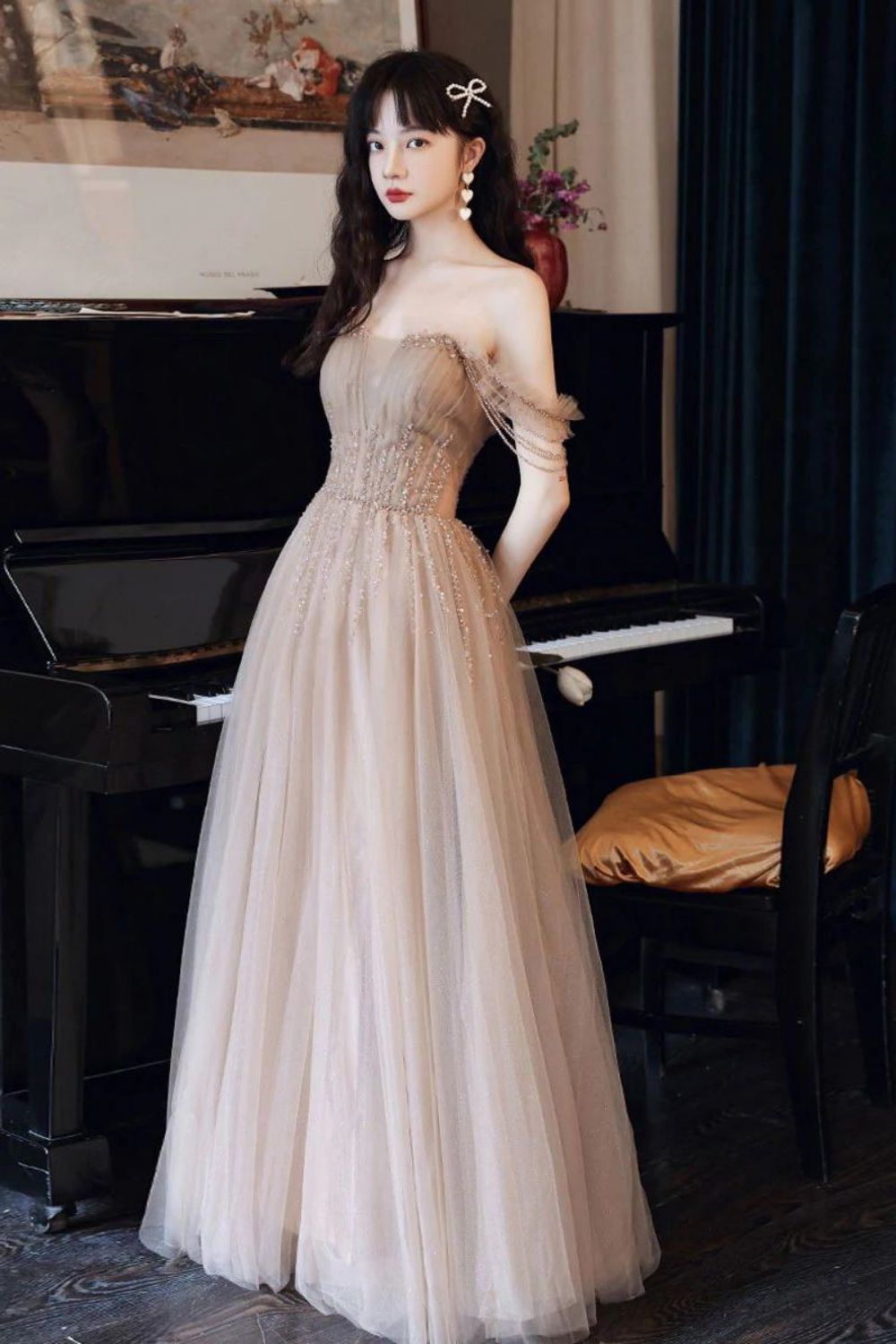 Elegant A Line Off the Shoulder Champagne Floor Length Formal Dress