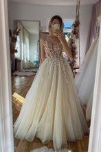 Load image into Gallery viewer, Gorgeous A Line Spaghetti Straps Champagne Prom Dress with Appliques
