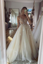 Load image into Gallery viewer, Gorgeous A Line Spaghetti Straps Champagne Prom Dress with Appliques
