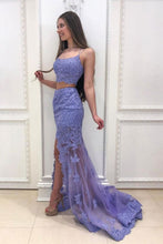 Load image into Gallery viewer, Two Piece Spaghetti Straps Lavender Lace Long Prom Dress