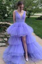 Load image into Gallery viewer, A-Line High Low Deep V Neck Lavender Long Prom Dress with Ruffles
