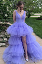 Load image into Gallery viewer, A-Line High Low Deep V Neck Lavender Long Prom Dress with Ruffles