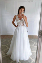 Load image into Gallery viewer, Classic A Line V Neck White Bridal Dress with Appliques
