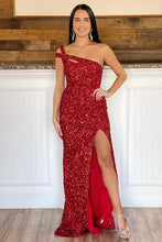 Load image into Gallery viewer, Mermaid One Shoulder Red Sequins Long Prom Dress with Silt
