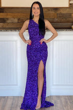 Load image into Gallery viewer, Sheath One Shoulder Purple Sequins Long Prom Dress with Silt
