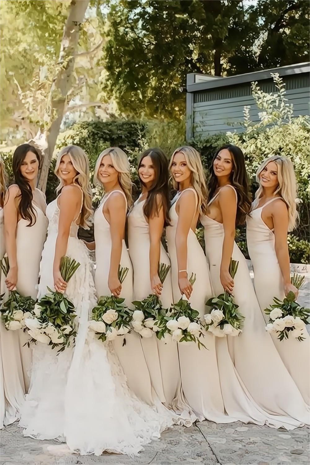 Simple Sheath Spaghetti Straps Light Champagne Long Bridesmaid Dress
