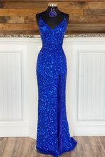 Load image into Gallery viewer, Sheath Spaghetti Straps Royal Blue Sequins Long Prom Dress with Silt