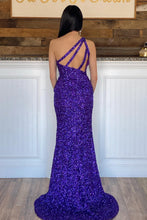 Load image into Gallery viewer, Sheath One Shoulder Purple Sequins Long Prom Dress with Silt
