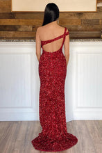 Load image into Gallery viewer, Mermaid One Shoulder Red Sequins Long Prom Dress with Silt
