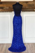 Load image into Gallery viewer, Sheath Spaghetti Straps Royal Blue Sequins Long Prom Dress with Silt