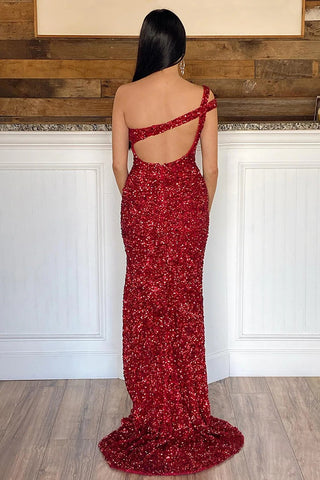 Mermaid One Shoulder Red Sequins Long Prom Dress with Silt