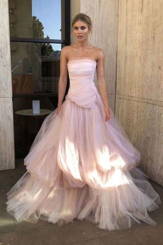 Charming A Line Strapless Pink Long Prom Dress with Ruffles