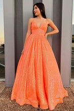 Load image into Gallery viewer, Beautiful A Line Spaghetti Straps Orange Sequins Long Prom Dress