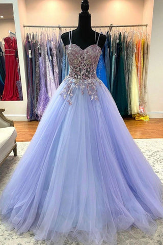 Princess A Line Spaghetti Straps Long Prom Dress with Appliques