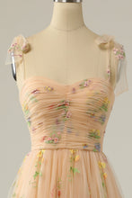 Load image into Gallery viewer, Elegant A Line Spaghetti Straps Champagne Long Prom Dress with Embroidery