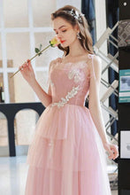 Load image into Gallery viewer, Elegant A Line Spaghetti Straps Pink Long Prom Dress with Appliques
