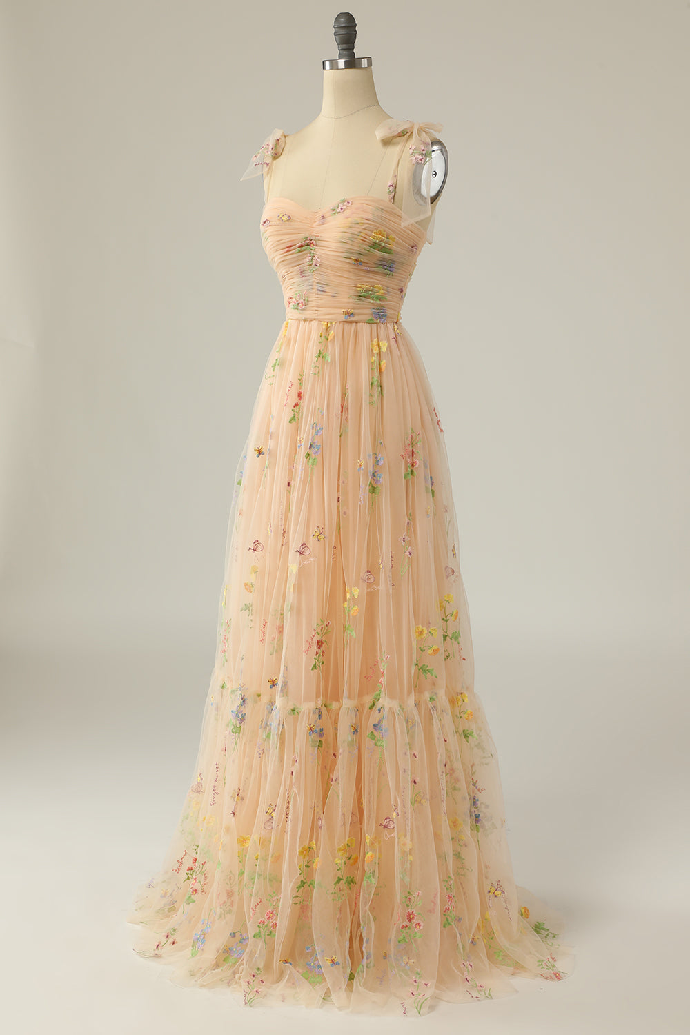 Champagne Spaghetti Straps Corset Back Long Prom Dress