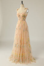 Load image into Gallery viewer, Elegant A Line Spaghetti Straps Champagne Long Prom Dress with Embroidery

