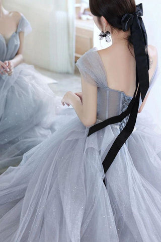 Elegant A Line Off the Shoulder Grey Long Prom Dress with Beading