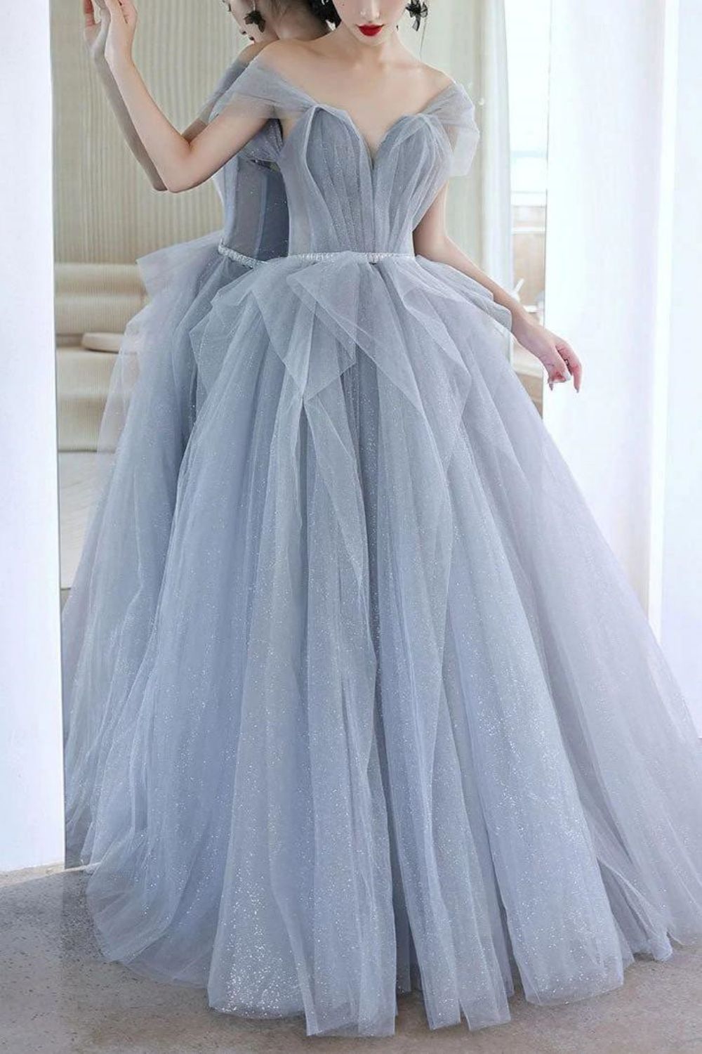 Elegant A Line Off the Shoulder Grey Long Prom Dress with Beading