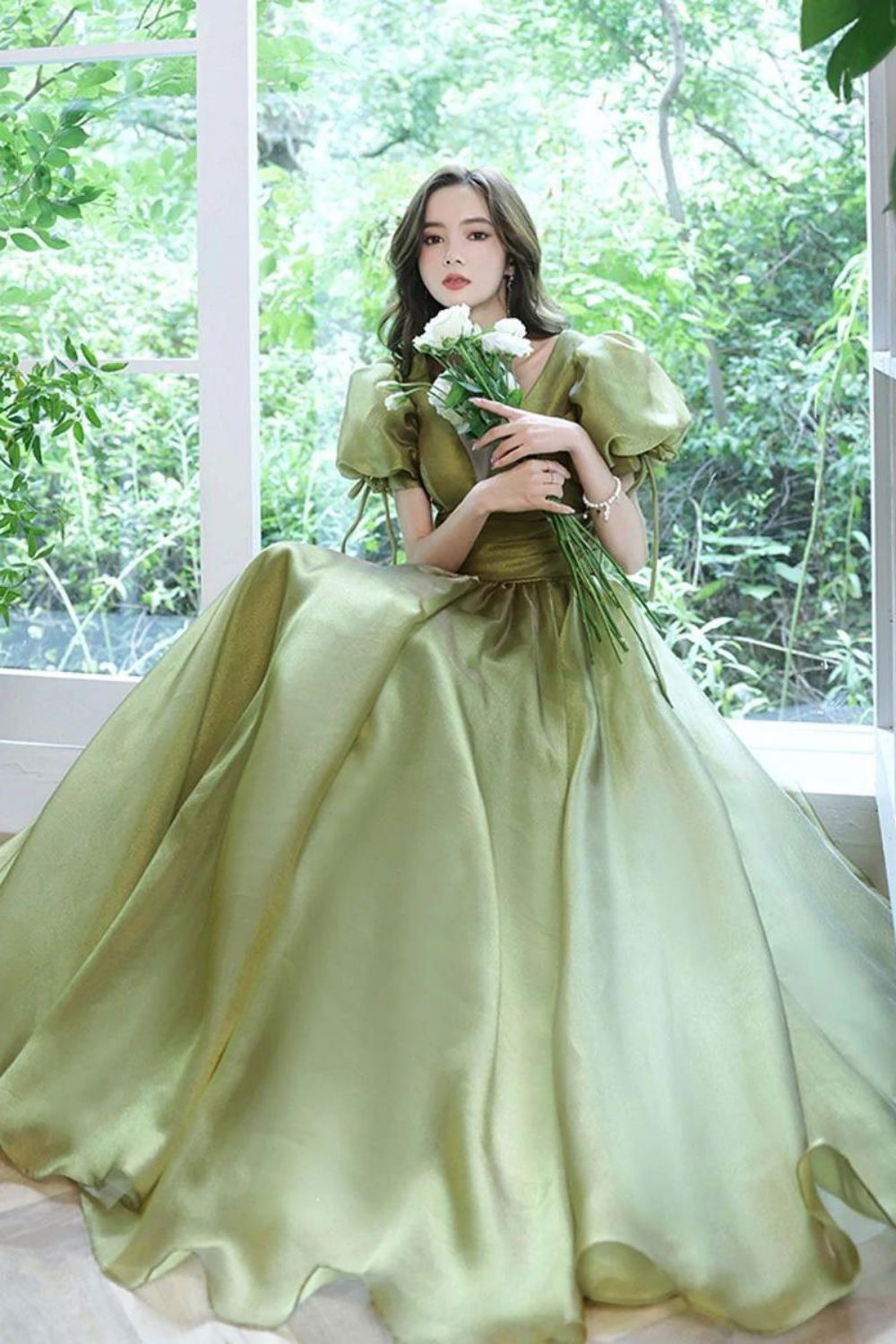 Princess A Line V Neck Long Formal Dress with Short Sleeves