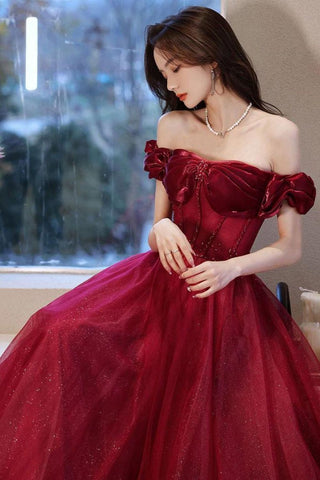 Beautiful A Line Off the Shoulder Burgundy Long Prom Dress with Appliques