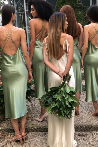 Simple Sheath Spaghetti Straps Green Tea Length Bridesmaid Dress