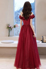 Load image into Gallery viewer, Beautiful A Line Off the Shoulder Burgundy Long Prom Dress with Appliques