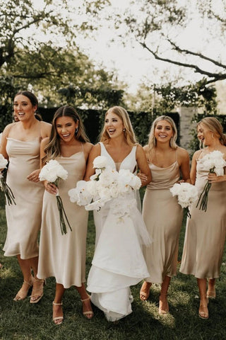 Sheath Spaghetti Straps Light Champagne Tea Length Bridesmaid Dress