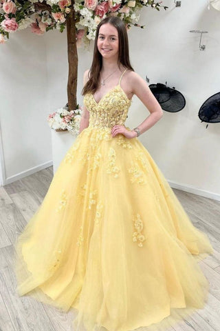 Princess A Line Yellow Long Prom Dress with Appiques