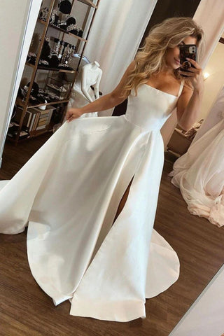A Line Square Neck White Wedding Dress with Split Front