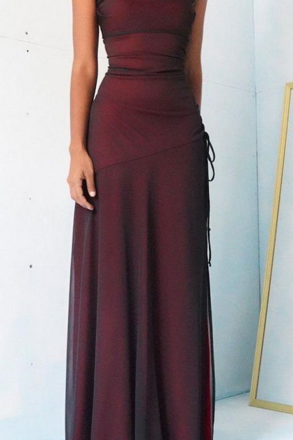Sheath Spaghetti Straps Burgundy Long Prom Dress with Silt – Luuvis