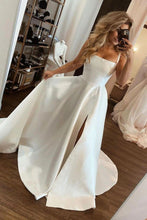 Load image into Gallery viewer, A Line Square Neck White Wedding Dress with Split Front
