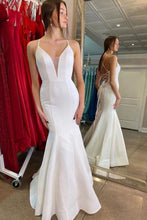 Load image into Gallery viewer, Mermaid Deep V Neck White Bridal Dress with Criss Cross Back
