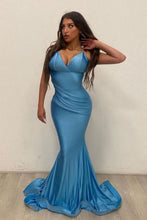 Load image into Gallery viewer, Sexy Mermaid V Neck Blue Long Prom Dress Party Dress
