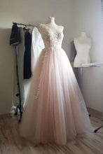 Load image into Gallery viewer, A Line Round Neck Pink Long Prom Dress with Appliques
