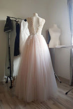 Load image into Gallery viewer, A Line Round Neck Pink Long Prom Dress with Appliques
