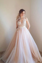 Load image into Gallery viewer, A Line Round Neck Pink Long Prom Dress with Appliques
