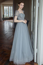 Load image into Gallery viewer, A Line Square Neck Grey Long Prom Dress with Beading
